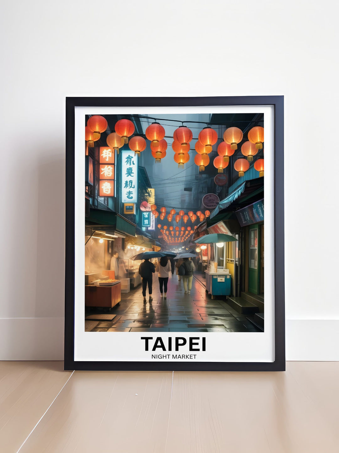 Cinematic Taipei night market wall art with glowing lantern rows misty atmosphere and rain reflections creating dramatic urban Asian street decor