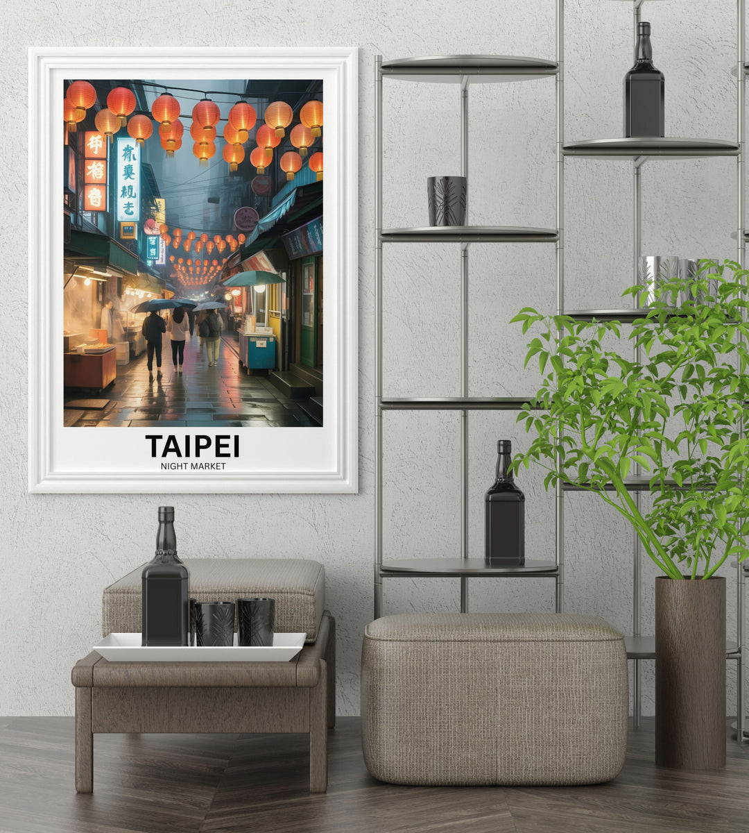 Rainy lantern alley wall art inspired by Taipei Taiwan night markets with warm lantern lighting reflecting on wet pavement and lively street food stalls