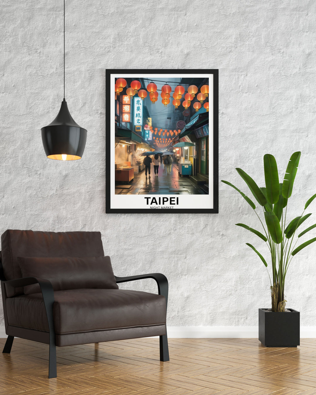 A vertical wall art poster of a glowing Jiufen Old Street at night, featuring a dramatic etched illustration style with deep midnight indigo shadows, vibrant vermillion lanterns, and steam rising from a market stall.