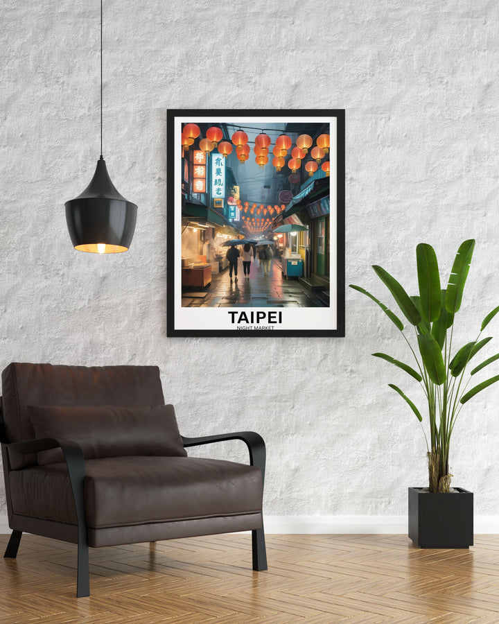 A vertical wall art poster of a glowing Jiufen Old Street at night, featuring a dramatic etched illustration style with deep midnight indigo shadows, vibrant vermillion lanterns, and steam rising from a market stall.
