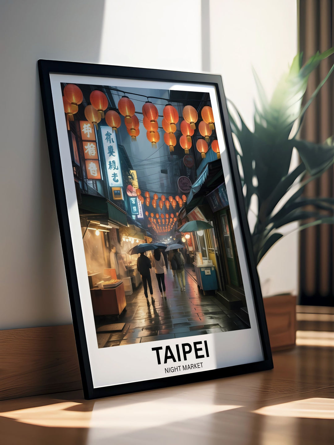 Taipei lantern night market wall art showing glowing red lanterns above a rainy street with reflections and street food stalls creating a cinematic Asian city night scene