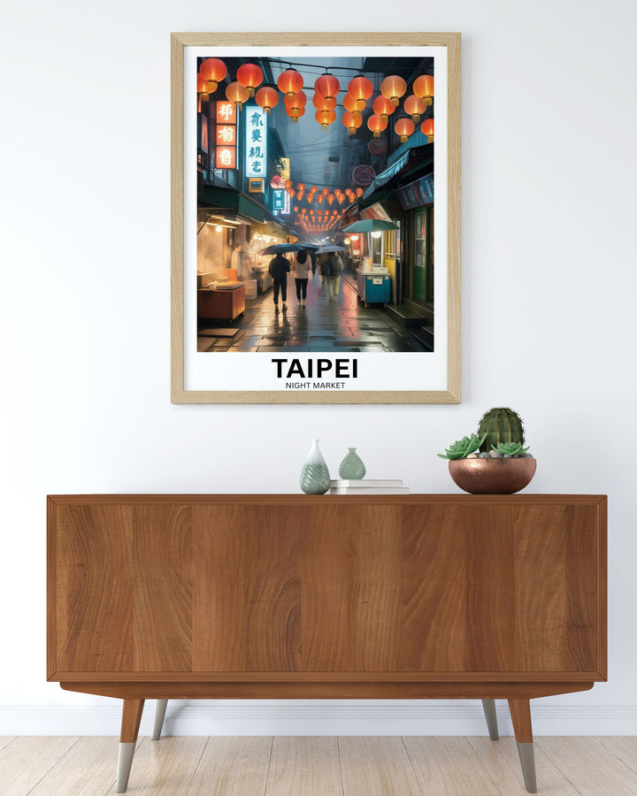 A close-up focusing on the intricate fine art print texture of the parallel etched lines on the glowing traditional Taiwanese shop signs and paper lanterns.