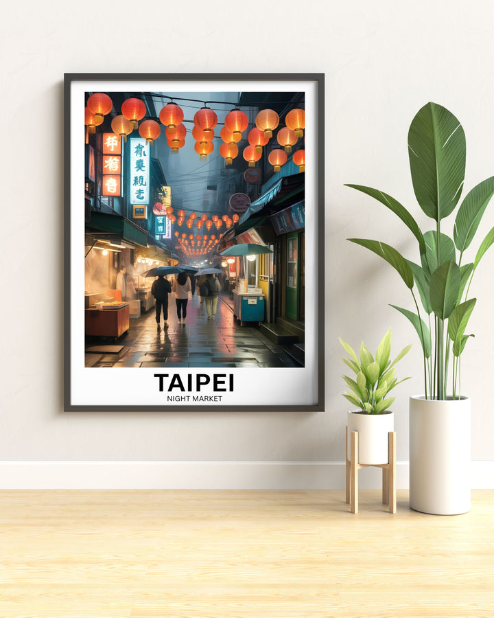 Lantern filled night market alley inspired by Taipei with glowing lanterns hanging across a rainy street and warm food stall lighting reflecting on wet pavement