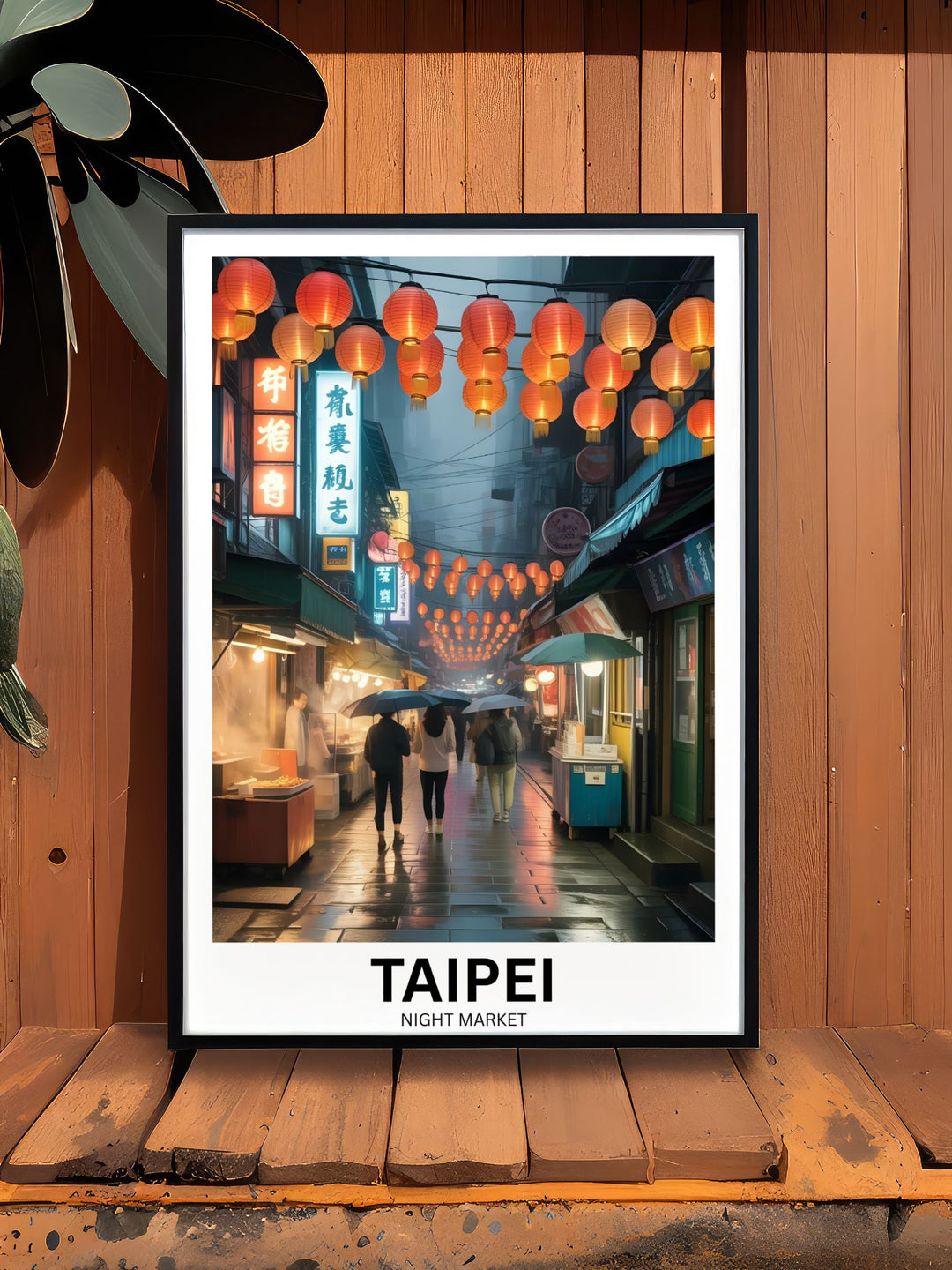 A large framed fine art print of the Taipei night market, displayed in a minimalist black wooden frame hanging on a dark-toned accent wall above a modern media console.