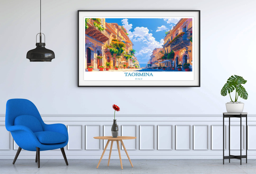 Unique Taormina travel gift showcasing the iconic landmarks and vibrant street scenes of Corso Umberto, perfect for any occasion.