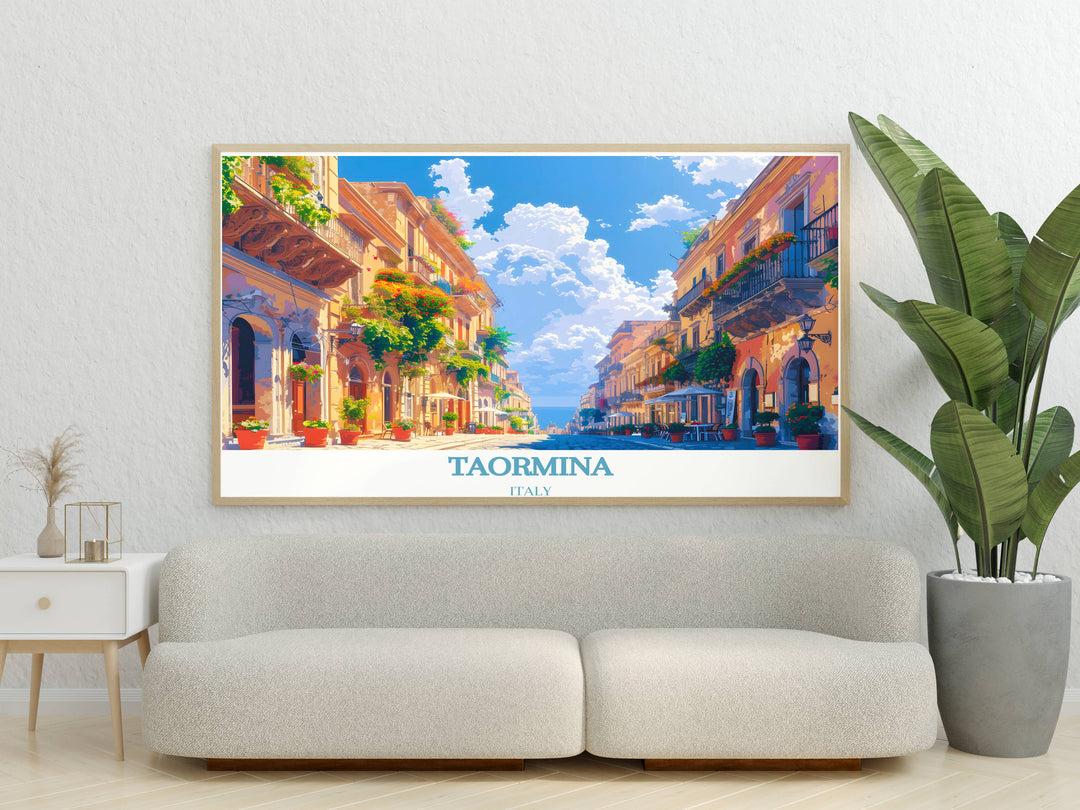 Stunning Taormina travel poster highlighting the picturesque streets and historic landmarks of Corso Umberto, perfect for travel enthusiasts.