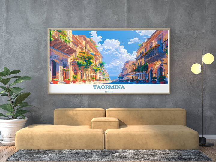 High quality Italy poster capturing the essence of Taorminas vibrant culture and scenic beauty, a perfect addition to any art collection.