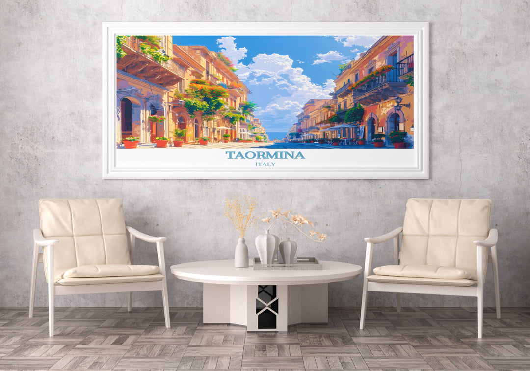 Corso Umberto art print showcasing the bustling street life and charming architecture of Taormina, ideal for adding Italian elegance to your decor.