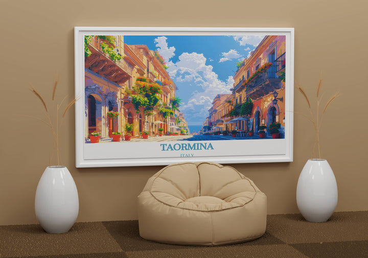 Italy wall art featuring the scenic views and historic charm of Taormina, perfect for creating a sophisticated and inviting atmosphere.