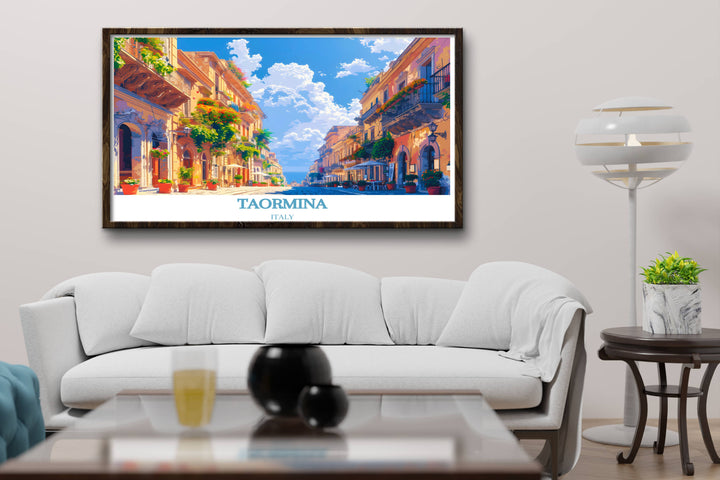 Detailed Taormina print illustrating the beautiful Corso Umberto, capturing the essence of Italian culture and history for your home decor.