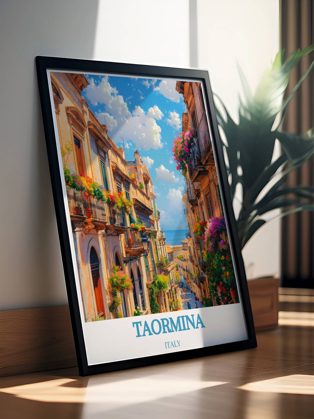 Corso Umberto travel poster depicting the iconic street in Taormina, capturing its timeless appeal and inviting you to experience the beauty of Italys historic heart every day.