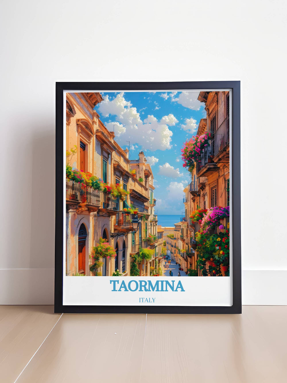 Stunning Corso Umberto framed art showcasing the elegant architecture and lively atmosphere of Taormina, a perfect addition to your home decor that celebrates Italys rich cultural heritage.