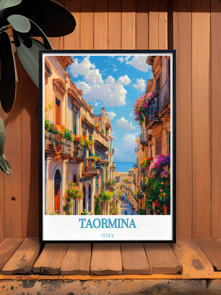 Italy wall art from Taormina featuring detailed illustrations of its scenic views and landmarks, ideal for creating a sophisticated and inviting atmosphere in your home decor.