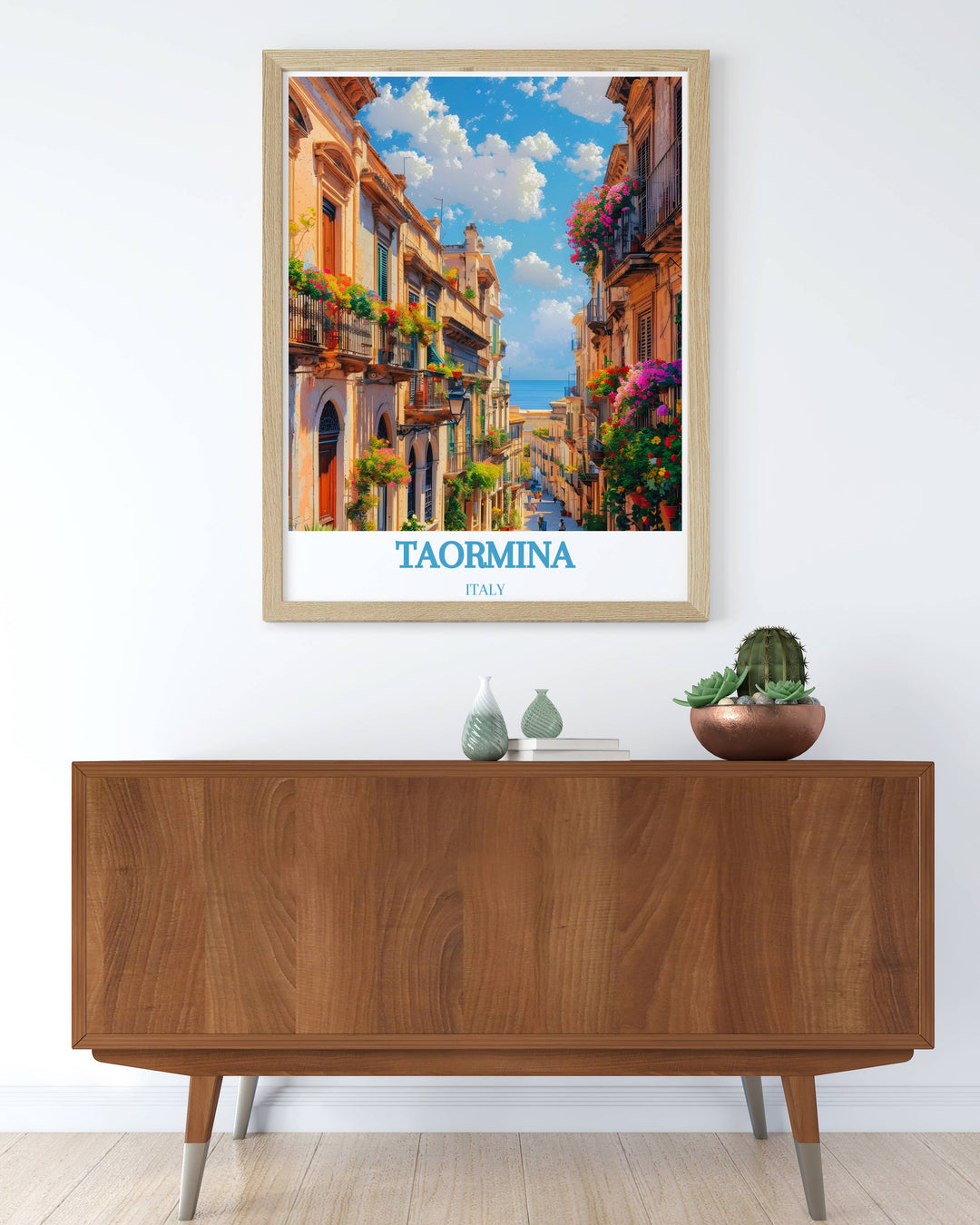Vintage Italy poster capturing the essence of Taorminas historic charm, ideal for creating a sophisticated and nostalgic ambiance in any space, blending classic design with modern artistry.