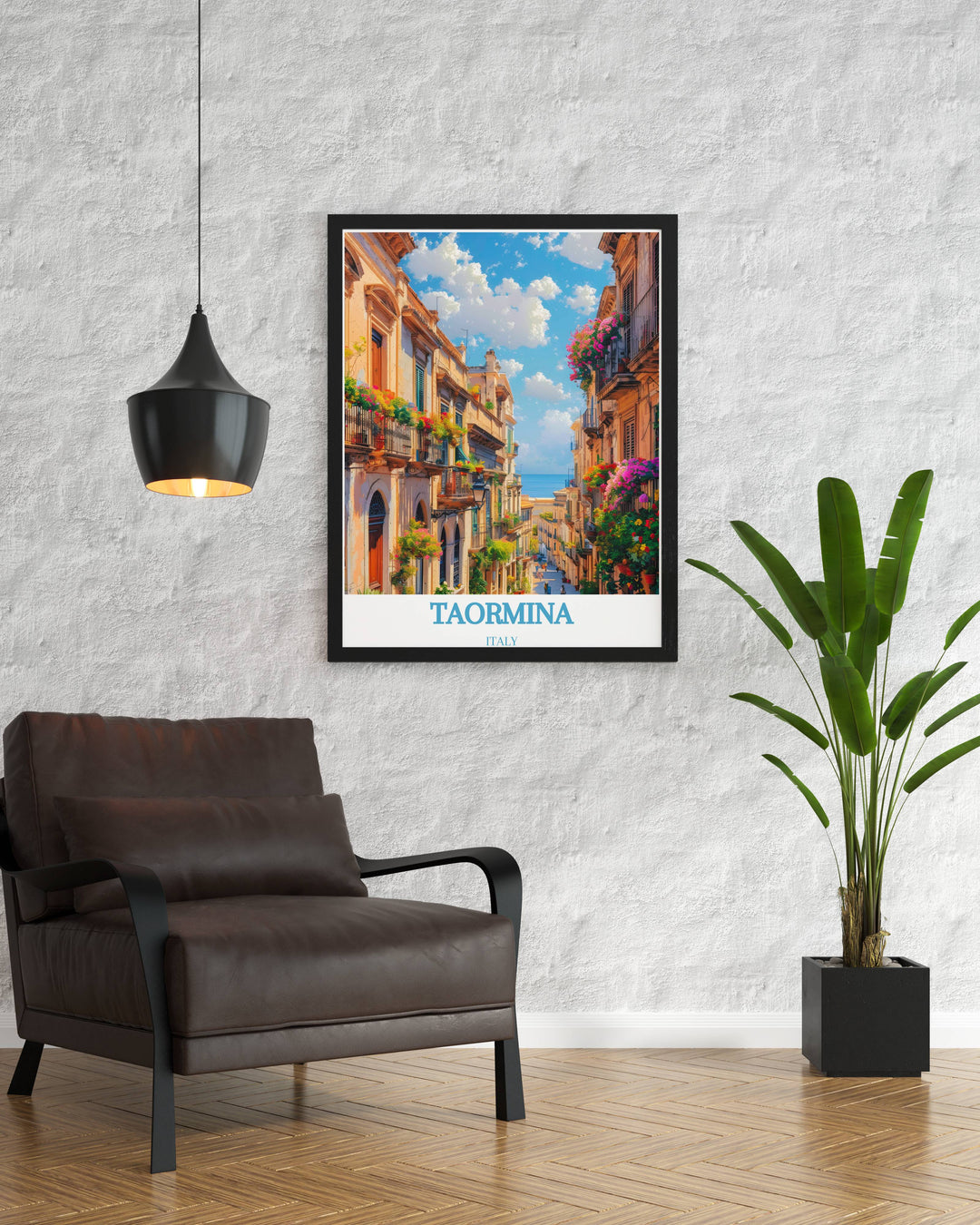High quality Taormina art print featuring the vibrant life and history of this picturesque Italian town, perfect for enhancing your living room, office, or bedroom with a touch of European elegance.
