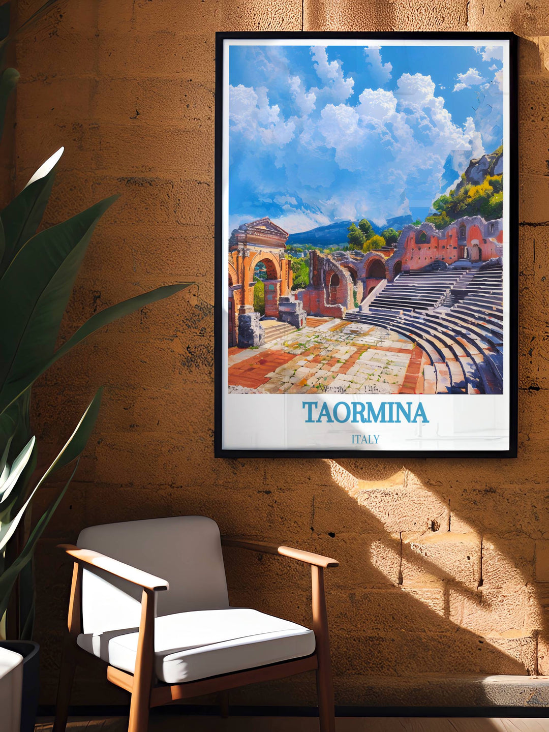 Unique Teatro Antico di Taormina print showcasing the stunning architecture and historical significance of this ancient Greek theatre, perfect for adding a touch of Italys rich past to your decor.