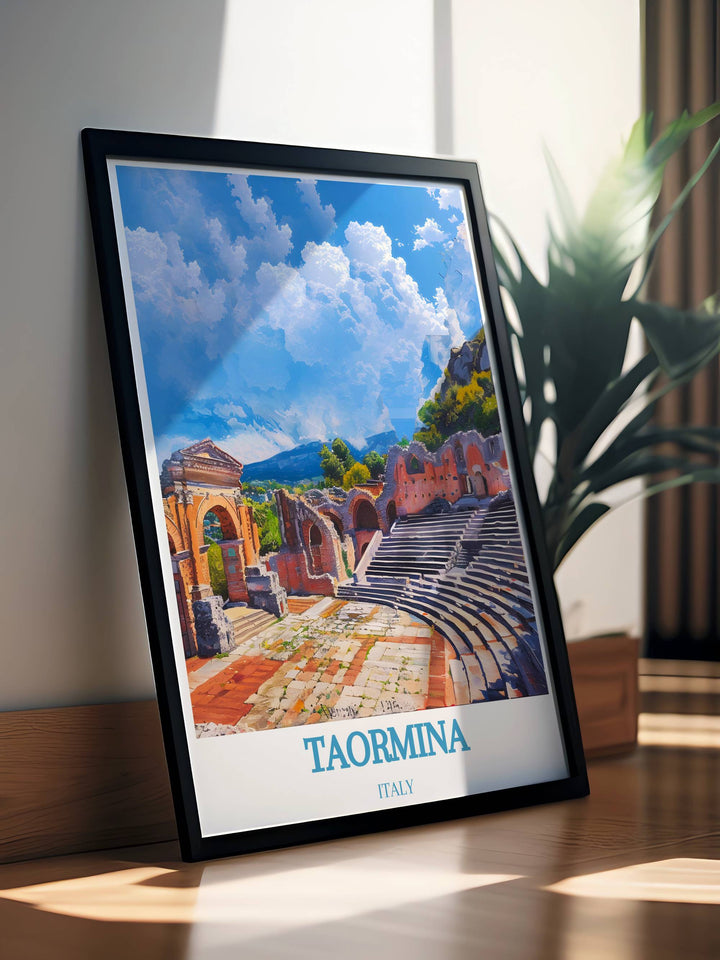 Detailed poster of Taorminas scenic coastline and bustling streets, capturing the essence of this picturesque Italian town and inviting you to explore its charm and beauty.