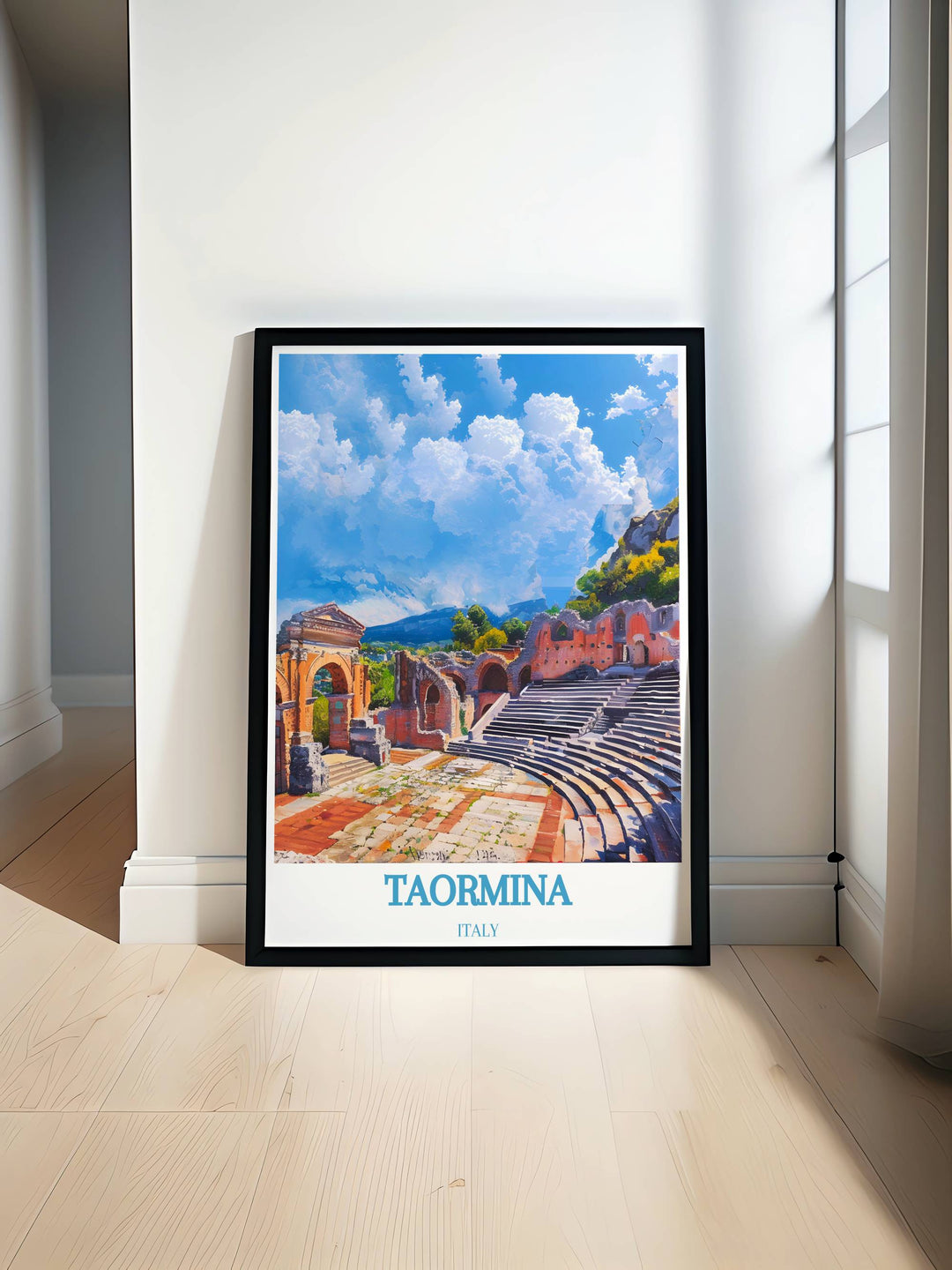 Beautiful Teatro Antico di Taormina print showcasing the ancient Greek theatre with Mount Etna in the background, perfect for adding a touch of Italian history and charm to your home decor.