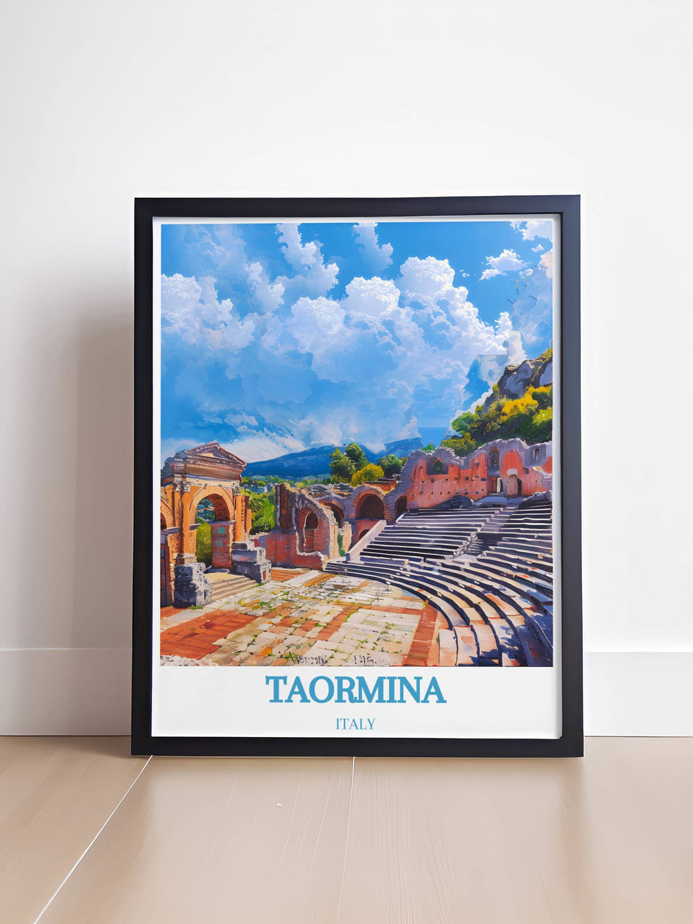 Stunning modern wall decor featuring contemporary designs inspired by the unique charm of Taormina, Italy, ideal for enhancing any interior with a blend of modern aesthetics and traditional elements.