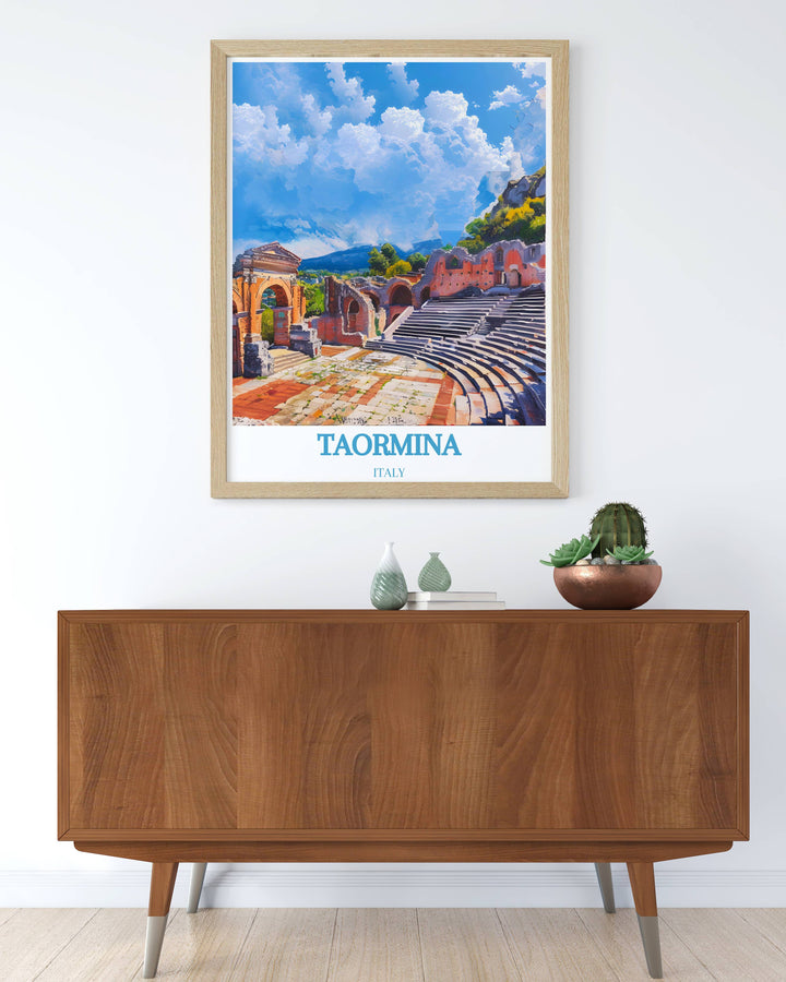 Captivating Taormina poster highlighting the vibrant life and scenic landscapes of this iconic Italian town, perfect for bringing the beauty of Italy into your home or office.