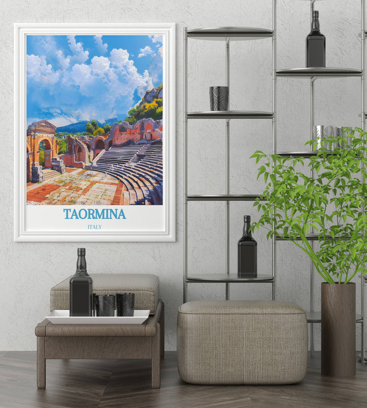 High quality print of Teatro Antico di Taormina capturing the grandeur of this ancient theatre and the scenic backdrop of Mount Etna, a timeless piece for history and art enthusiasts.