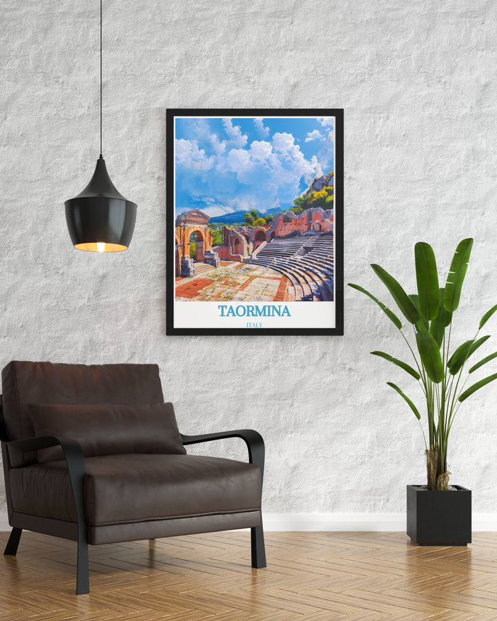 Elegant modern wall art inspired by Taormina, Italy, blending contemporary designs with traditional elements, perfect for creating a harmonious and stylish ambiance in any room.