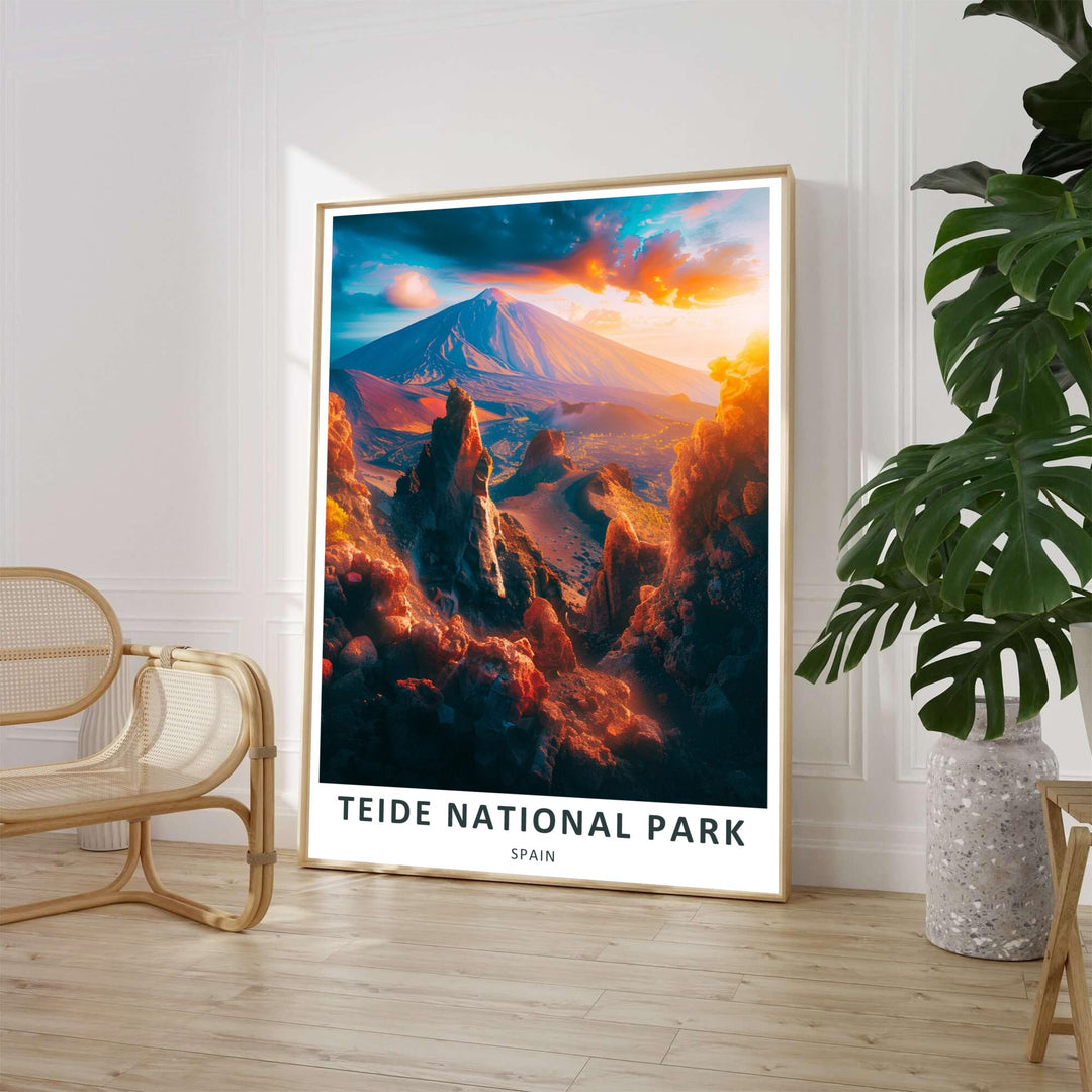 This detailed Teide National Park Print depicts fiery red rock towers, ancient volcanic ash fields, and glowing clouds surrounding Mount Teide in Tenerife, offered as an unframed fine art print, ready-to-hang gallery wrapped canvas, or custom frame to elevate your office wall decor.