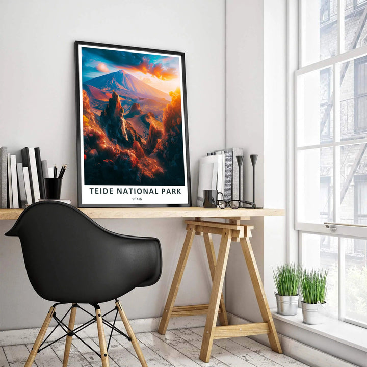 This modern nature travel artwork highlights dramatic rock formations standing beside Mount Teide under a radiant dusk sky, serving as a standout Roques de Garcia Print. Order this piece as an unframed paper print, stretched canvas wrap, or custom-built frame for home gallery walls.