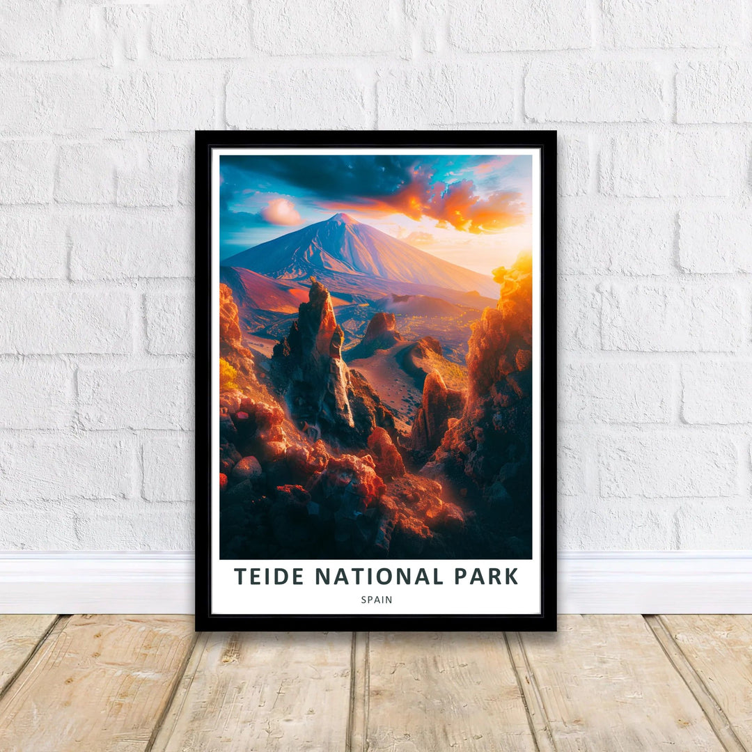 A scenic mountain travel graphic depicting volcanic rock spires and distant cloud-wrapped peaks with TEIDE NATIONAL PARK SPAIN typography. It serves as an adventurous Mount Teide Poster available in unframed paper, gallery wrapped canvas, or custom frames for nature lovers.