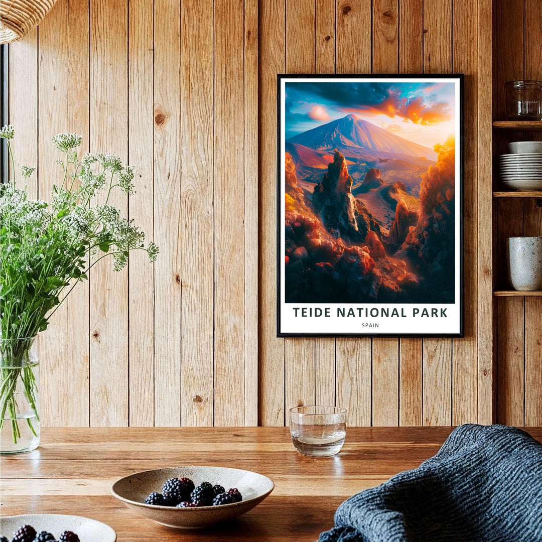 A modern vintage mountain illustration of Mount Teide at twilight that serves as an inspiring Tenerife Wall Art centerpiece. This Teide National Park Print is supplied in flexible home decor formats, including unframed paper, gallery-wrapped canvas, or custom-assembled timber frames for modern rooms.