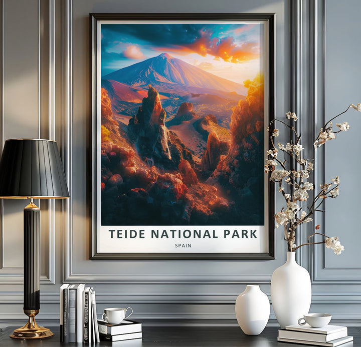 Featuring towering rock towers standing tall above volcanic crater valleys under an amber evening sky, this graphic artwork is a standout Teide Volcano Art selection. Choose an unframed Mount Teide Poster, stretched canvas, or custom frame layout to complete your wall gallery.