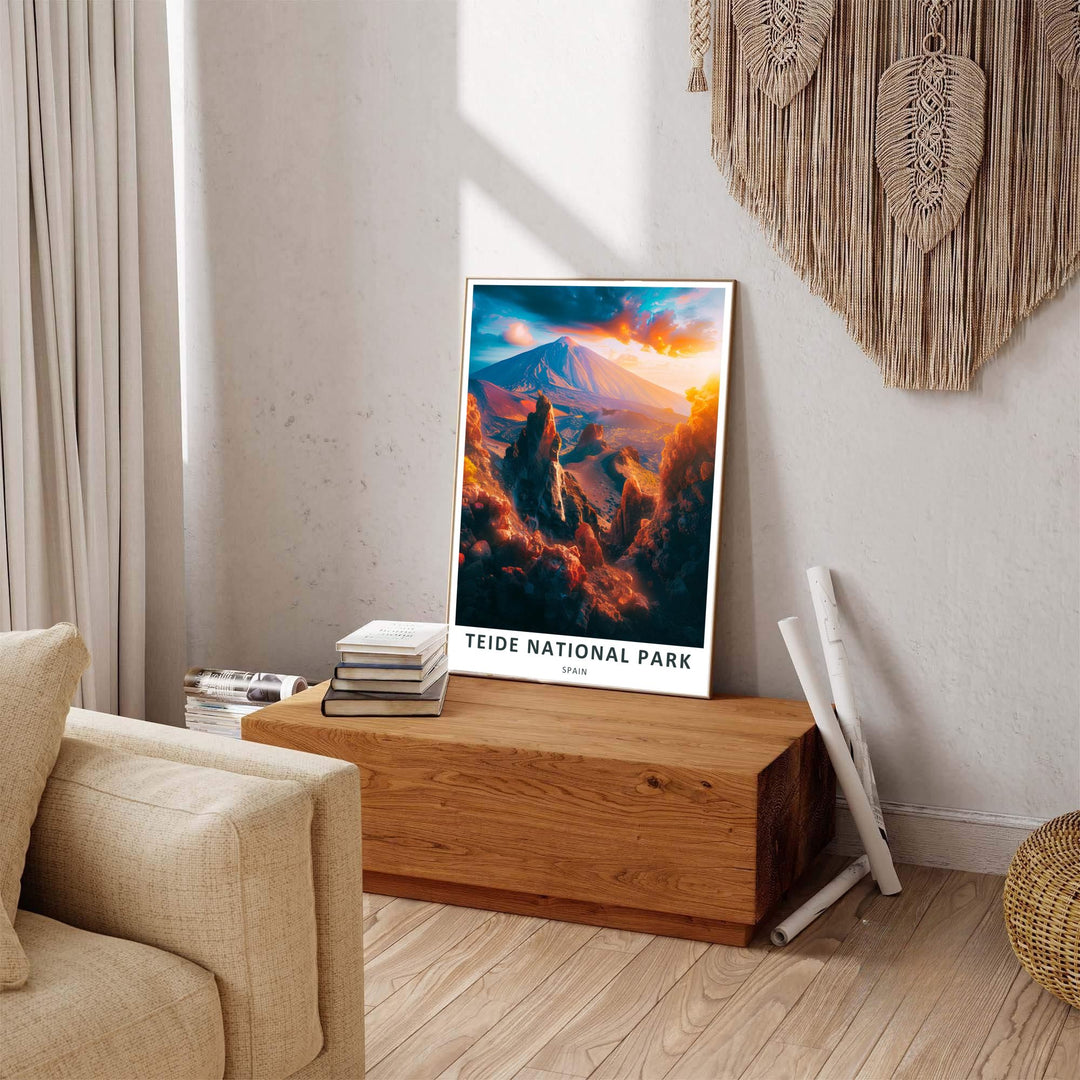 A creative nature display portraying glowing rock pinnacles surrounded by mountain shadows and sunset clouds, crafted as a timeless Teide National Park Print design. It works as an expressive Tenerife Wall Art piece offered in unframed paper prints, museum canvas wraps, and custom frames.