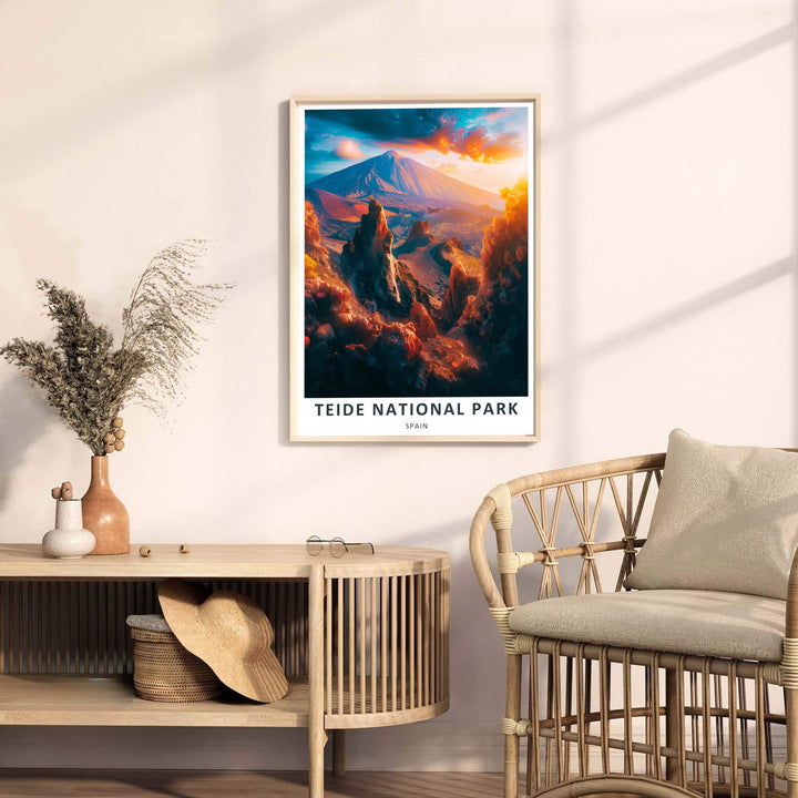 This Spanish travel graphic honors volcanic island wilderness in Tenerife with bold typography, rich warm color gradients, and crisp rock artwork. Created by MapYourDreams, it is provided as an unframed Roques de Garcia Print, gallery canvas wrap, or custom frame to enrich your home decor.