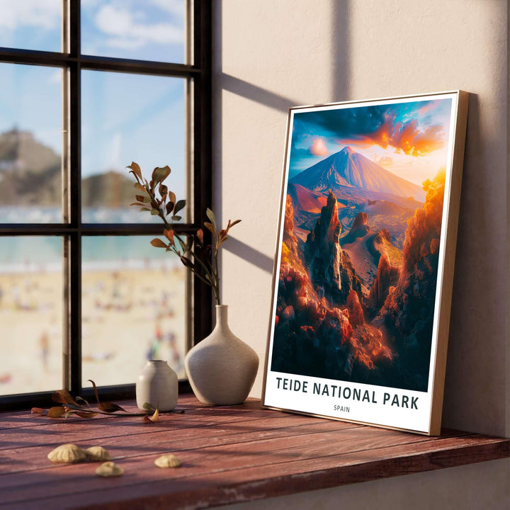 A vibrant Canary Islands travel graphic honoring Spanish national park scenery, functioning as a bold Mount Teide Poster. It features rich crimson, amber gold, and indigo tones, provided across versatile finishes like unframed fine art paper, gallery wrapped canvas, or bespoke custom frames.