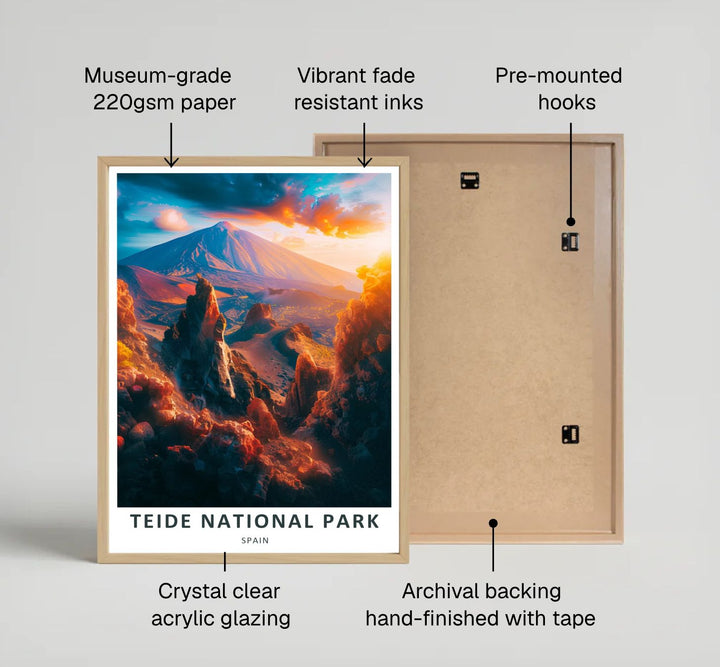 Celebrating Spanish mountain wilderness, this graphic Teide National Park Print combines glowing orange, deep rust, and moody navy tones. It is produced as a versatile Tenerife Wall Art piece with display options ranging from unframed matte paper to gallery canvas wraps and custom frames.