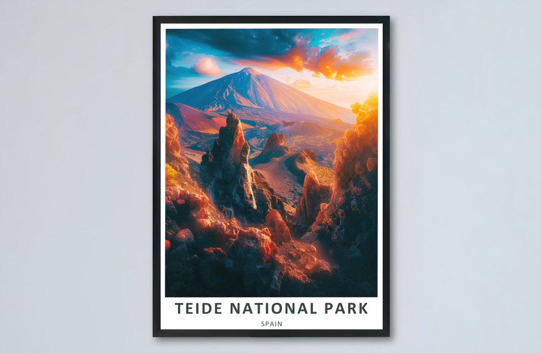 A retro-inspired Roques de Garcia Print displaying volcanic crags, glowing mountain peaks, and dramatic sky gradients in Tenerife. Available as an unframed Teide Volcano Art piece, stretched canvas wrap, or custom frame, it adds instant warmth and energy to walls.