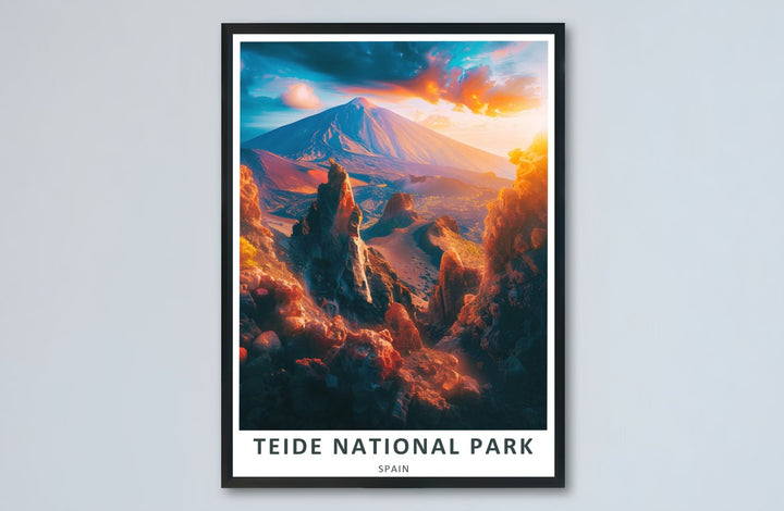 A retro-inspired Roques de Garcia Print displaying volcanic crags, glowing mountain peaks, and dramatic sky gradients in Tenerife. Available as an unframed Teide Volcano Art piece, stretched canvas wrap, or custom frame, it adds instant warmth and energy to walls.