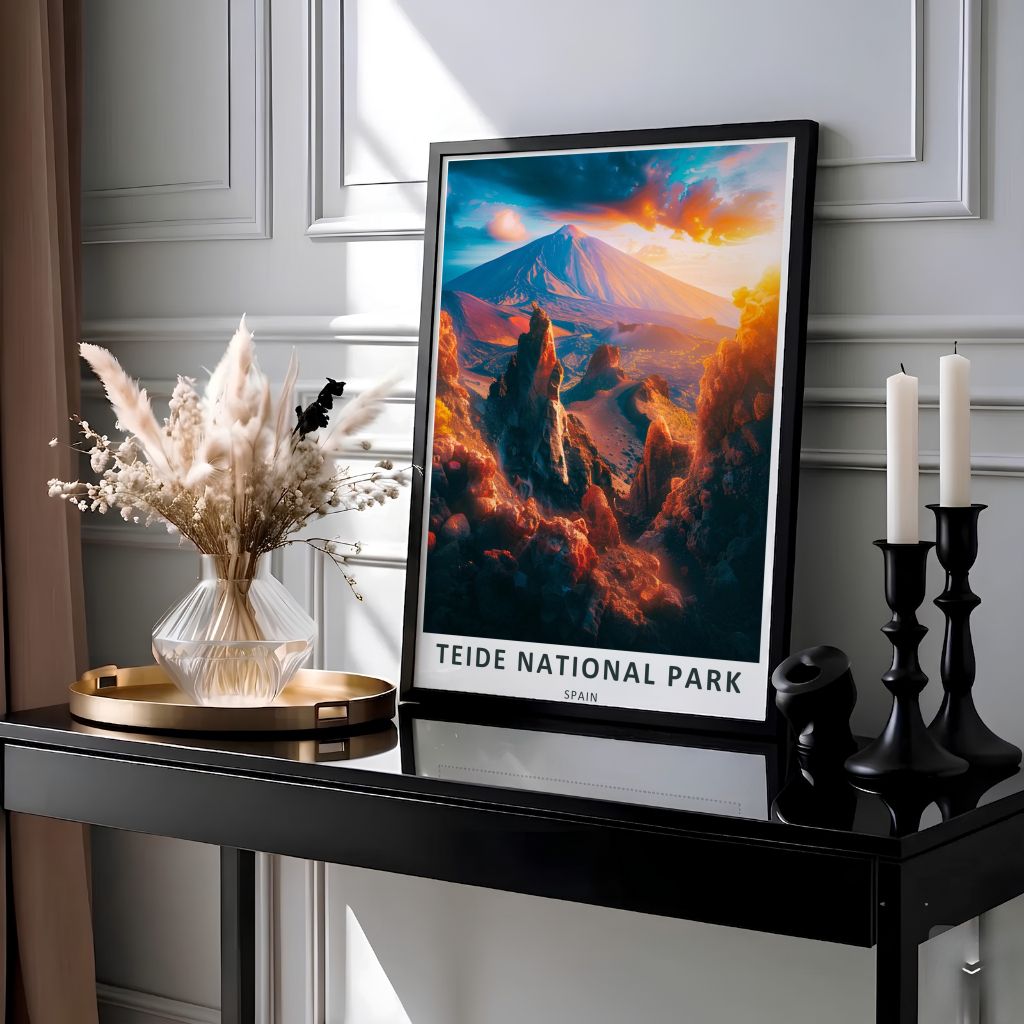 An inspiring volcanic mountain landscape display featuring towering rock pinnacles under a golden sunset sky, designed as a refined Teide Volcano Art centerpiece. Choose between museum-grade matte paper prints, three-dimensional canvas wraps, or custom handcrafted timber frames.