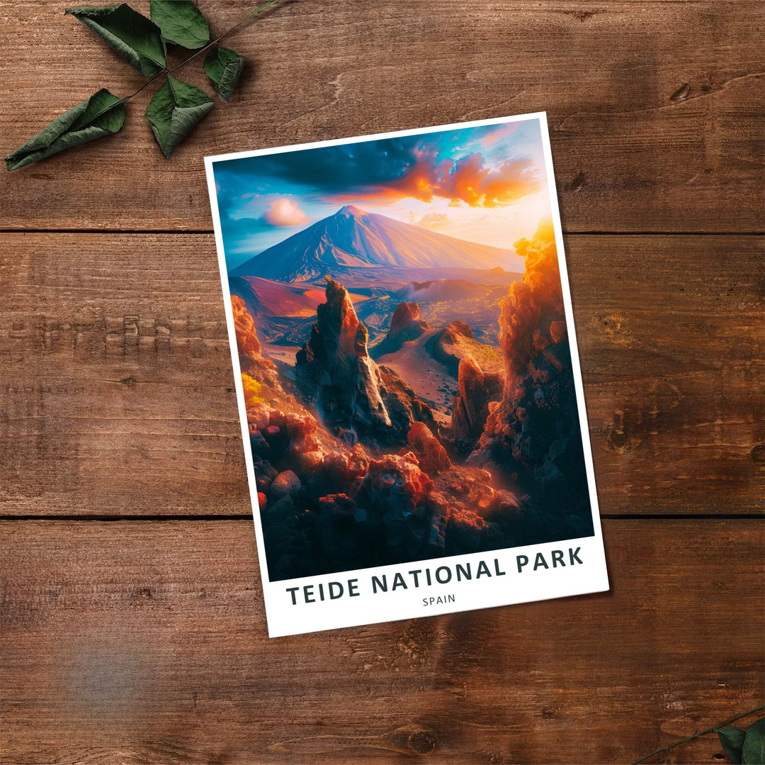 Illustrating Mount Teide standing against a sunset sky with crimson, gold, and indigo color accents, this Tenerife Wall Art piece brings natural wonder to any room. Choose this Teide National Park Print in an unframed paper format, gallery canvas wrap, or custom timber frame for your home.