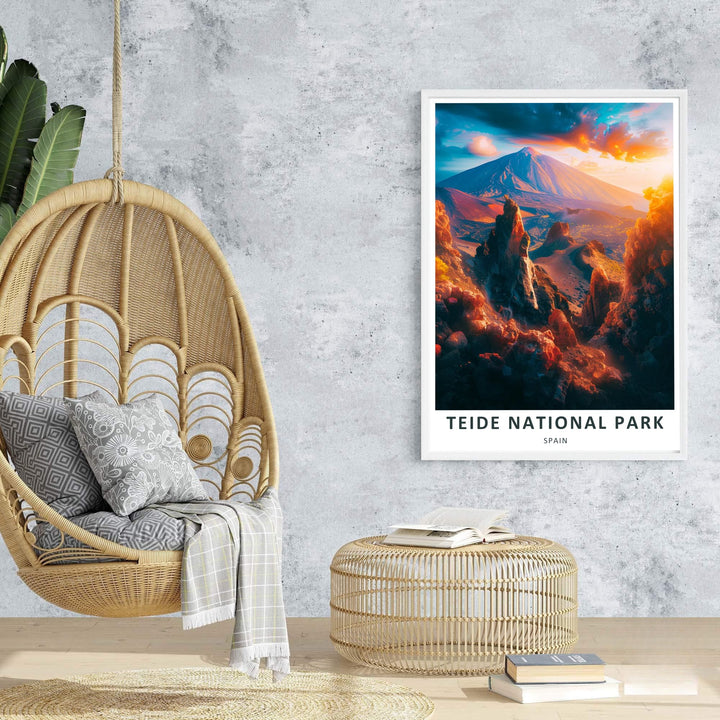 High-contrast vector Teide National Park Print illustrating volcanic rock towers, mountain trails, and glowing dusk skies in Tenerife. Available as an unframed paper print, stretched canvas, or custom-framed display, it serves as the ultimate Roques de Garcia Print for outdoor enthusiasts.
