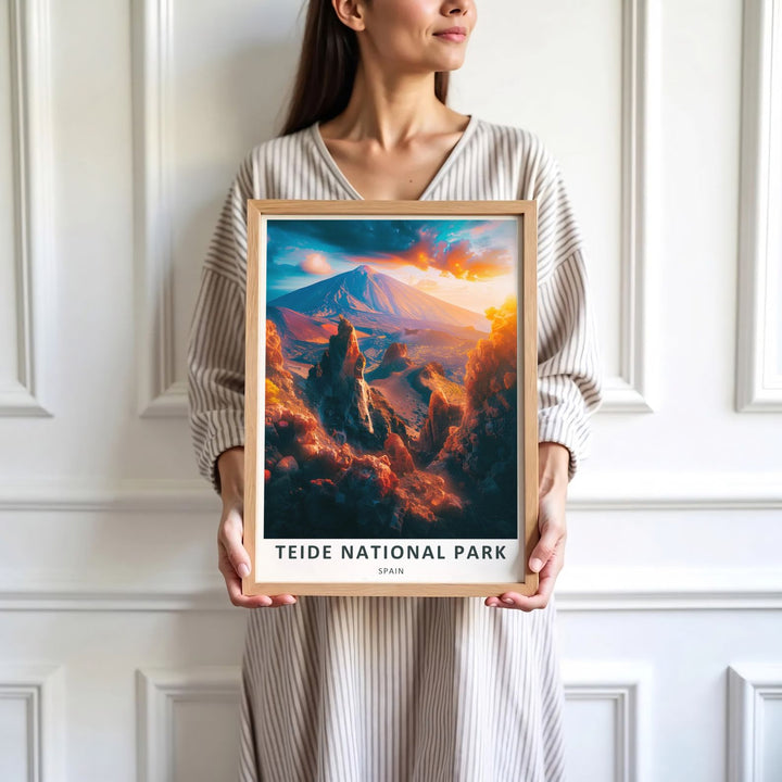 This nostalgic nature travel Roques de Garcia Print celebrates Canary Islands scenery with warm amber, fiery red, deep navy, and charcoal color gradients. Offered as an unframed Tenerife Wall Art piece, gallery canvas wrap, or custom frame, it is a perfect match for rustic or modern decor.