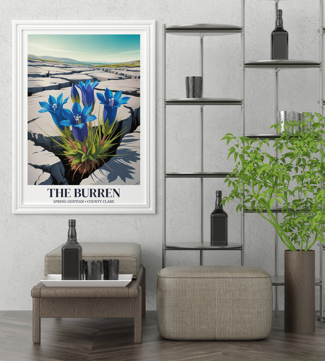 Detailed view of The Burren Spring Gentian botanical print, showing green leaves and blue petals emerging from a dark stone crevice against a minimalist, bright Irish horizon.
