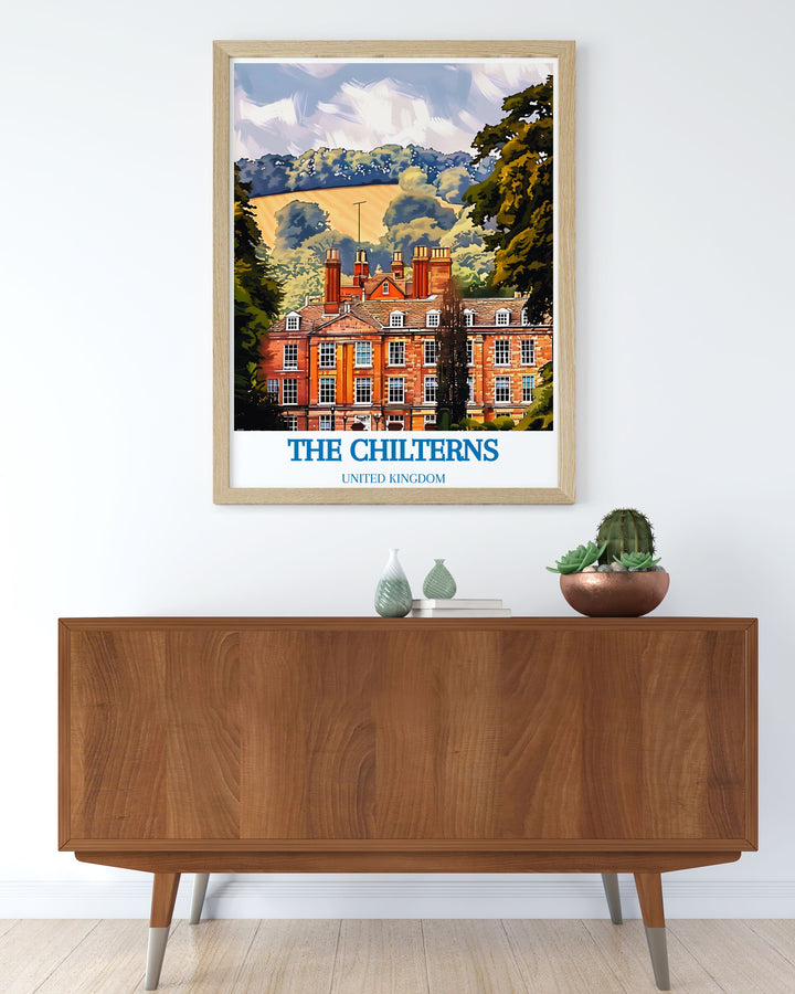 Vintage travel poster of the Chilterns, capturing the charm and allure of this picturesque region in a retro inspired style reminiscent of classic travel advertisements.
