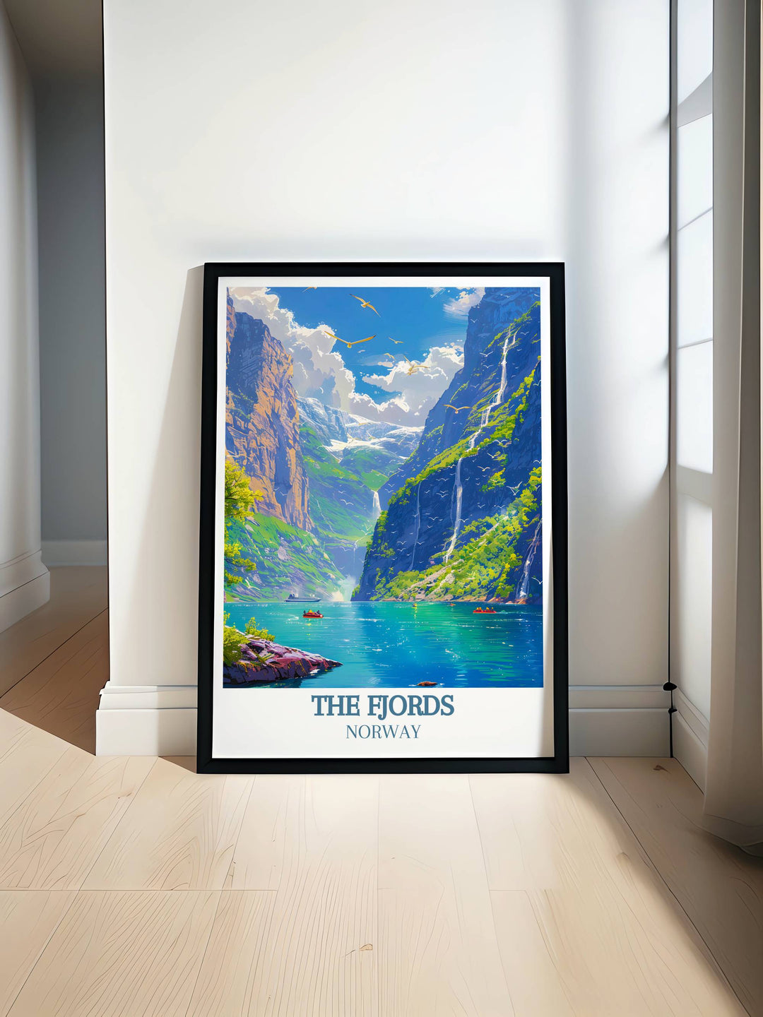 Geirangerfjord Fjord Wall Art capturing the serene beauty of Norways iconic fjord, featuring deep blue waters and cascading waterfalls, perfect for adding a touch of elegance to any room.