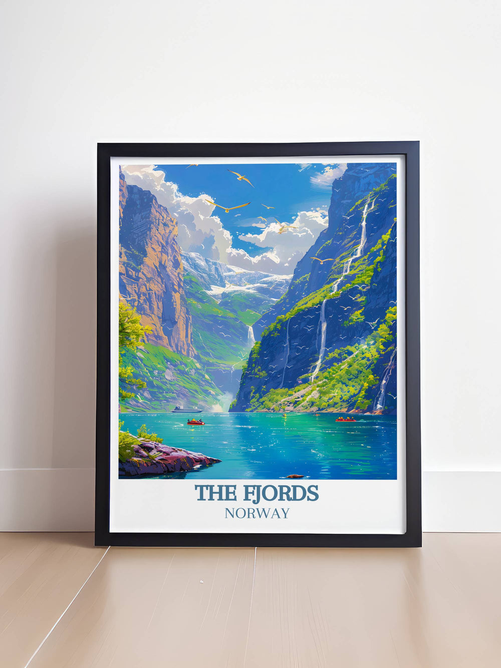 The Fjords Fine Art Prints showcasing the dramatic landscapes of Norways fjords, highlighting the interplay of light and shadow on towering cliffs and lush greenery, ideal for nature lovers.
