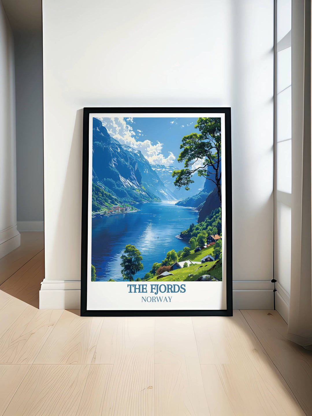 Nærøyfjord Fjord wall art capturing the majestic beauty of Norways iconic fjord, featuring narrow, steep sided cliffs and tranquil waters, perfect for adding a serene focal point to any room.