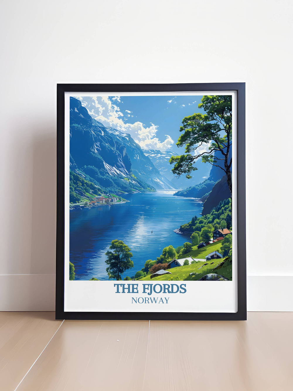 The Fjords gallery wall art showcasing the dramatic interplay of light and shadow on Norways fjords, highlighting the deep blue waters and lush greenery, ideal for enhancing your home decor.