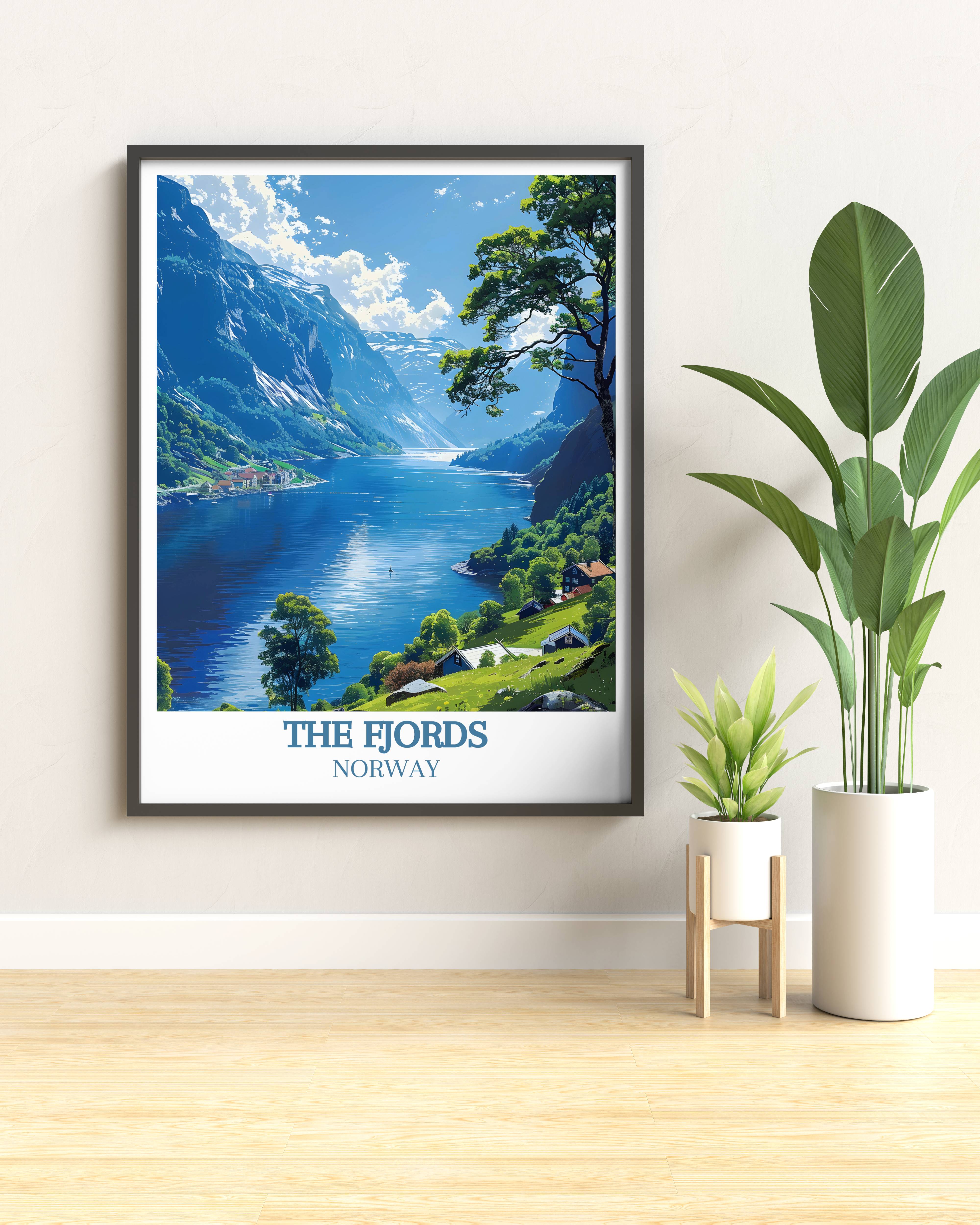 Naeroyfjord Fjord Norway wall art print showcasing UNESCO World Heritage fjord landscape with dramatic mountain scenery and crystal blue waters, prestigious Scandinavian poster perfect for elegant living rooms and cultural interior design