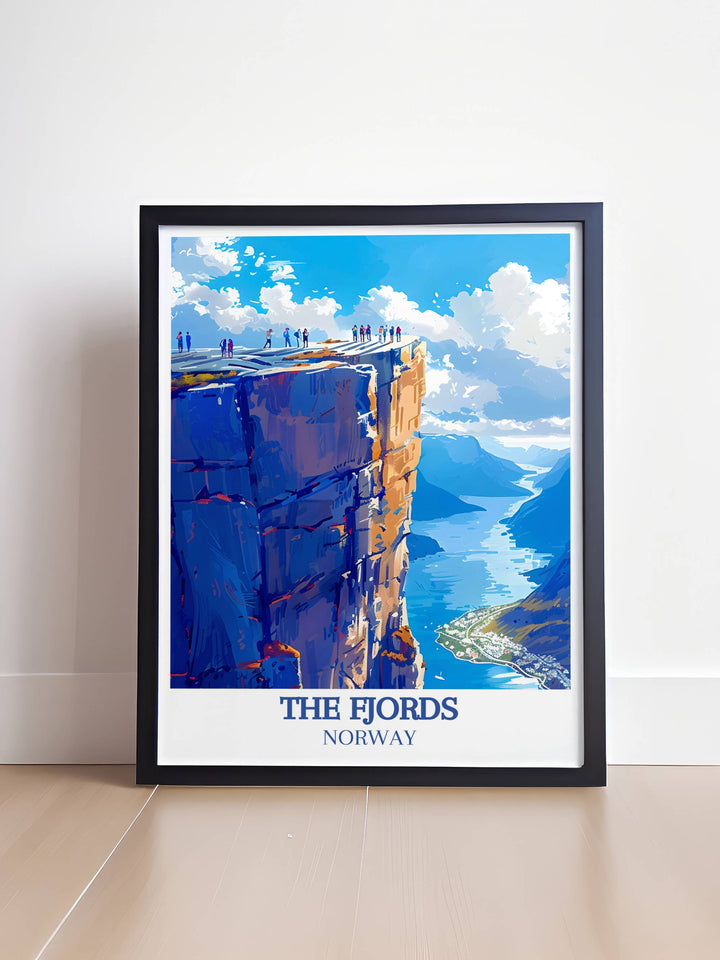 The Fjords modern wall decor showcasing the dramatic interplay of light and shadow on Norways rugged cliffs and deep blue waters, ideal for enhancing any contemporary home decor.