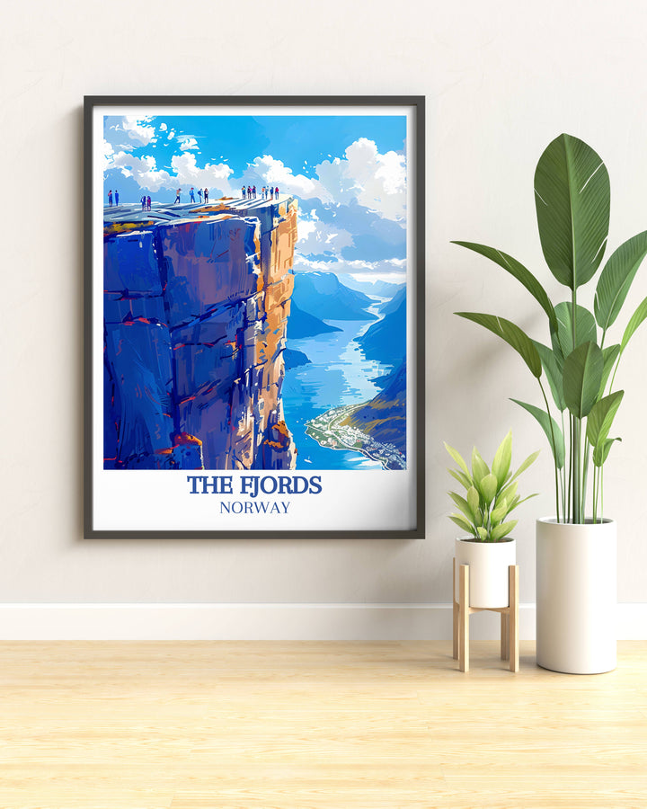 Preikestolen wall art pieces highlighting the serene beauty of the surrounding fjord and the impressive height of Pulpit Rock, bringing a piece of Norways natural splendor into your home.